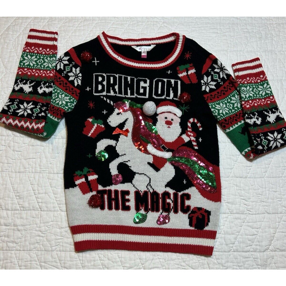 No Boundaries Other - Ugly Christmas Sweater Women's "Bring On The Magic" Santa Riding Unicorn Small